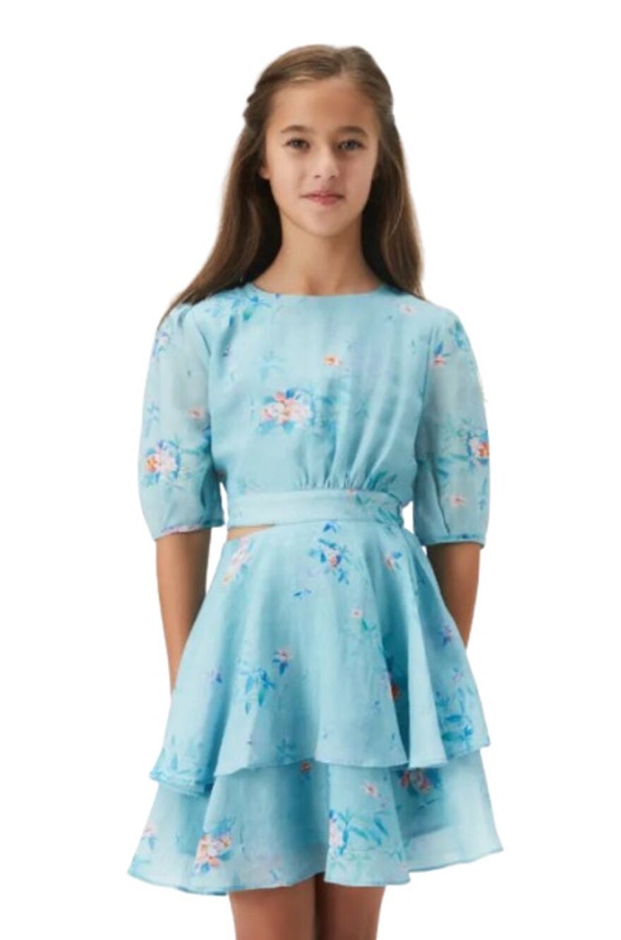BARDOT Girl's Cindy Floral Cutout Dress Size 8 SMALL Blue Flora Puff Sleeve NWT